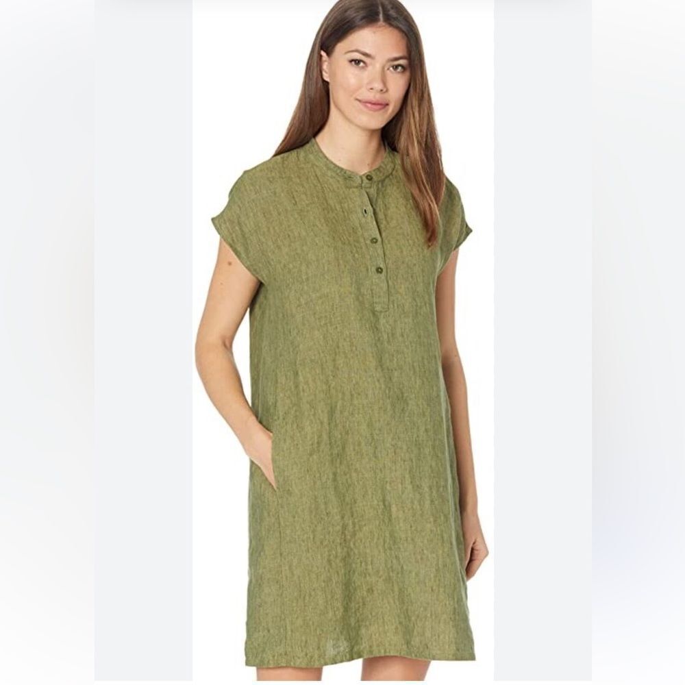 Eileen‎ Fisher Teal band collar linen dress Sz XS